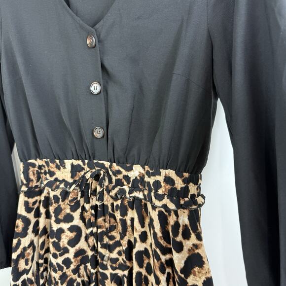 Main Strip NWOT Mini Dress Large Long Sleeved Leopard Print Ruffle Skirt Animal - Picture 7 of 14